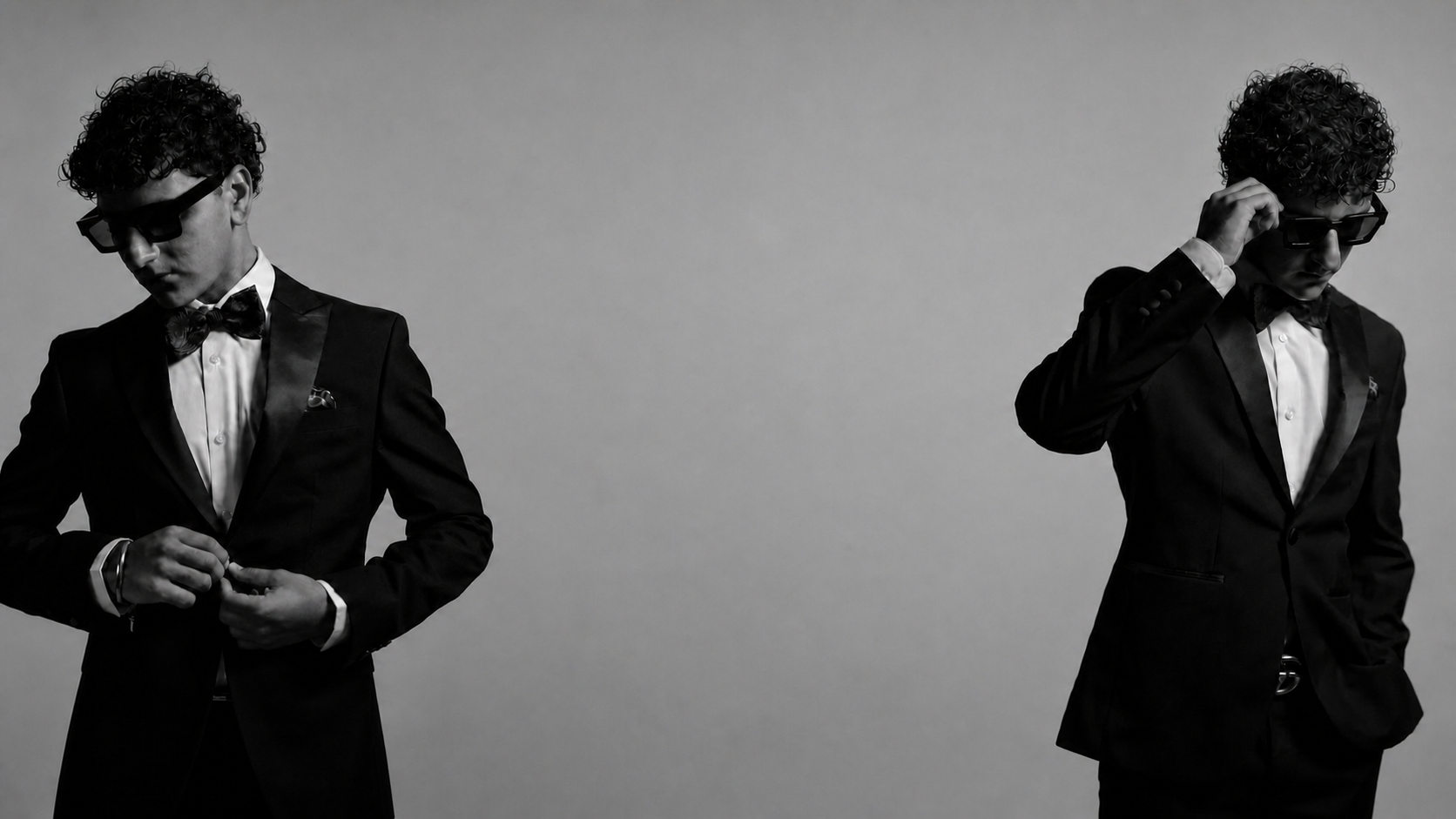 Two portraits of JIANNU in formalwear facing away from the centre