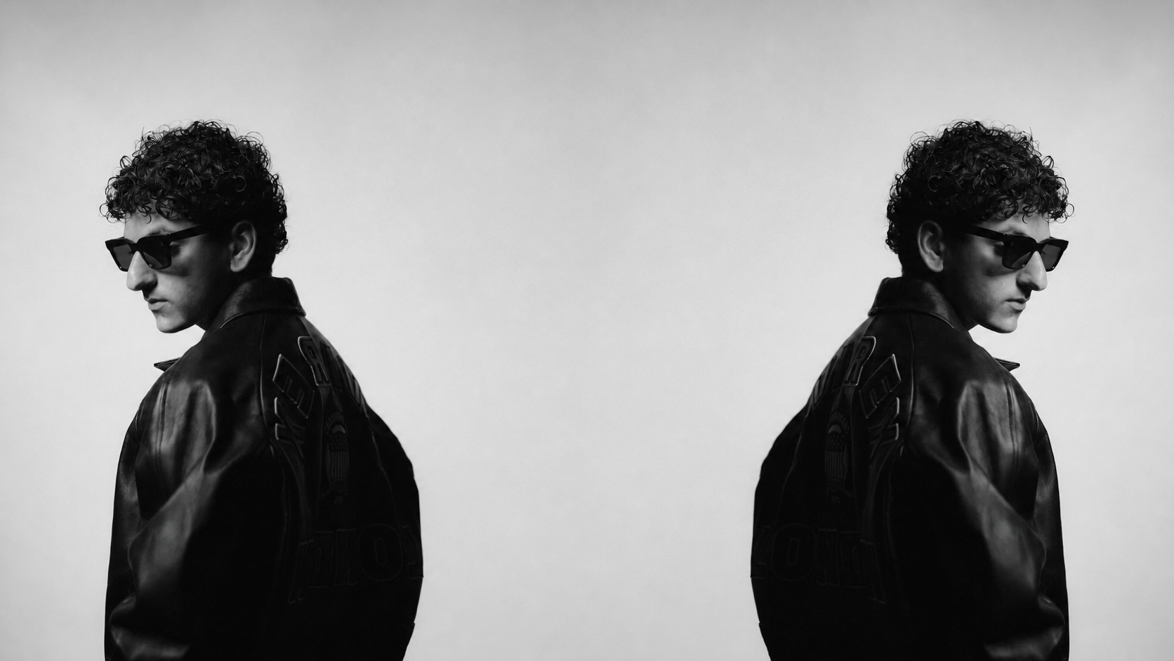 Two mirrored portraits of JIANNU in sunglasses and a leather jacket